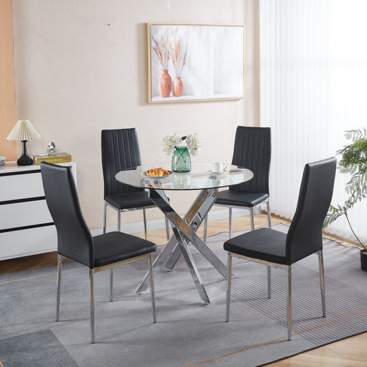 5-Piece Glass Dining Set for 4 | Black & Silver Mid-Century Dining Table Set
