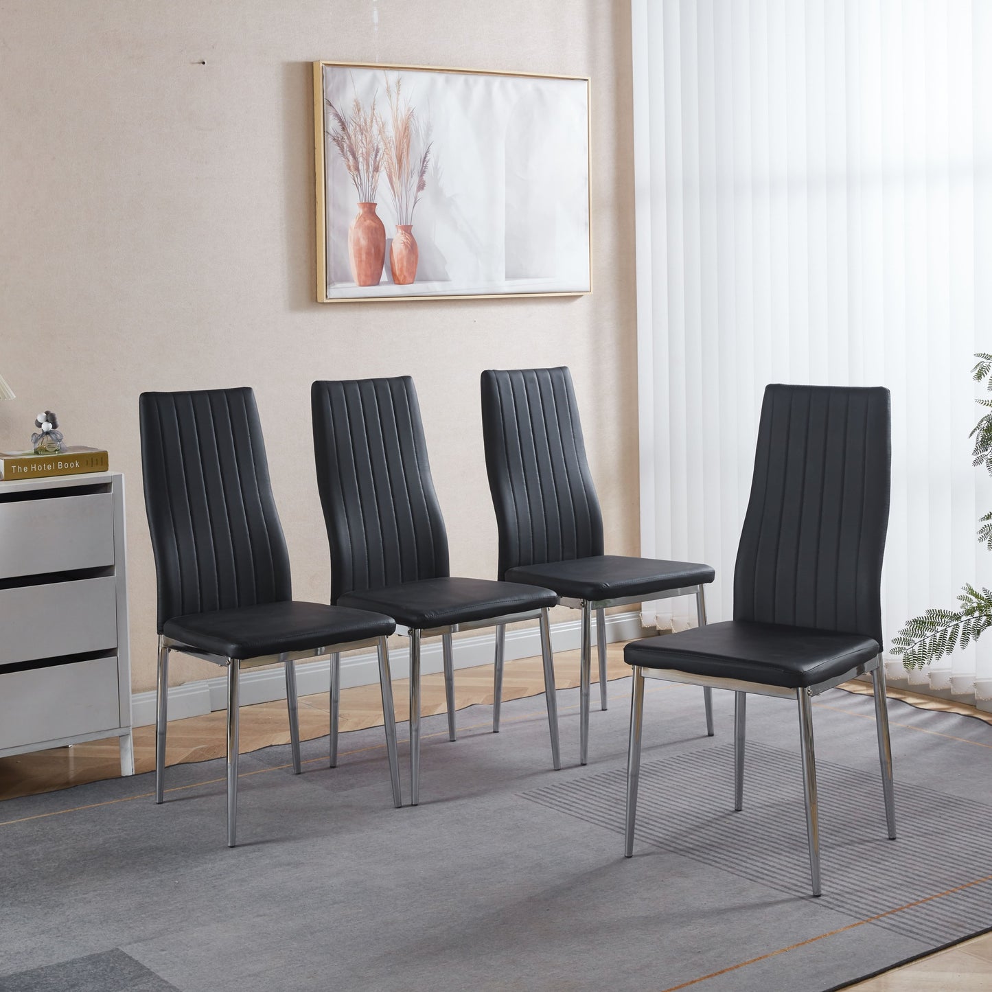 5-Piece Glass Dining Set for 4 | Black & Silver Mid-Century Dining Table Set