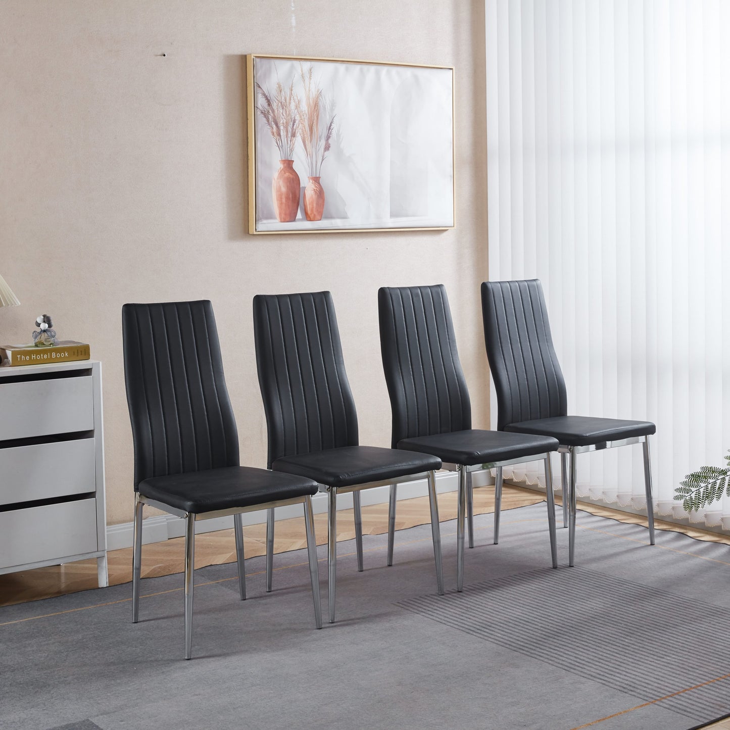 5-Piece Glass Dining Set for 4 | Black & Silver Mid-Century Dining Table Set